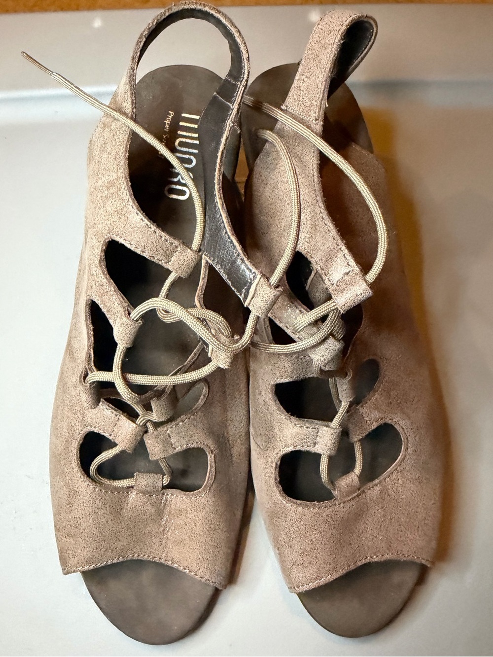 Munro Taupe Suede Lace-Up Open-Cut Sandals